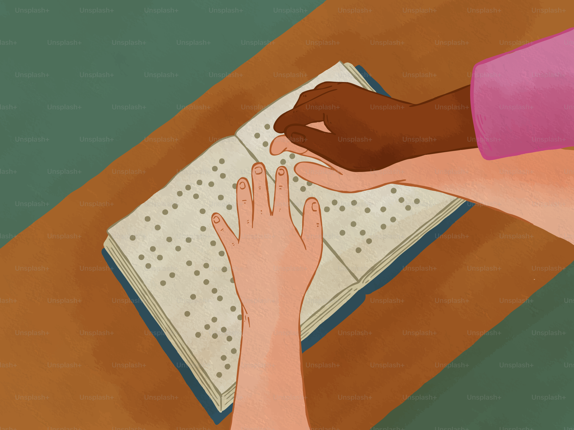 Due persone con tonalità di pelle diverse che leggono un libro in braille su un tavolo