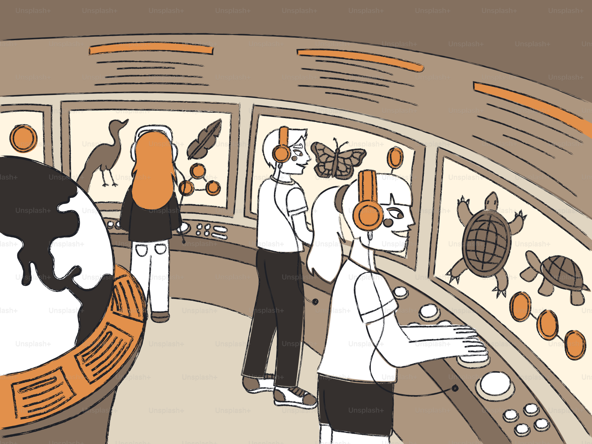 People wearing headphones interacting with digital screens and buttons in a science museum