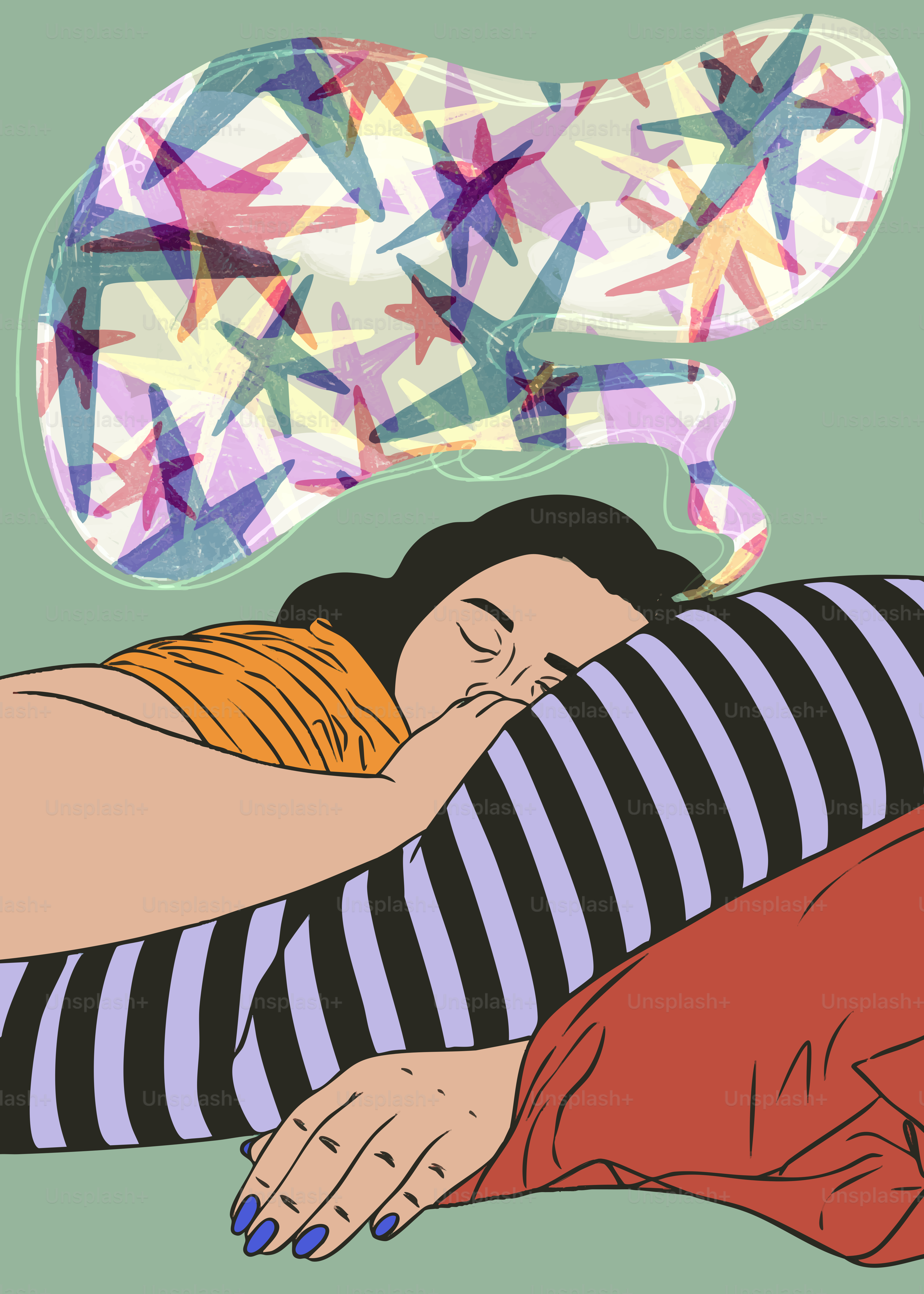 A person sleeping against a striped pillow with a thought bubble of colorful stars