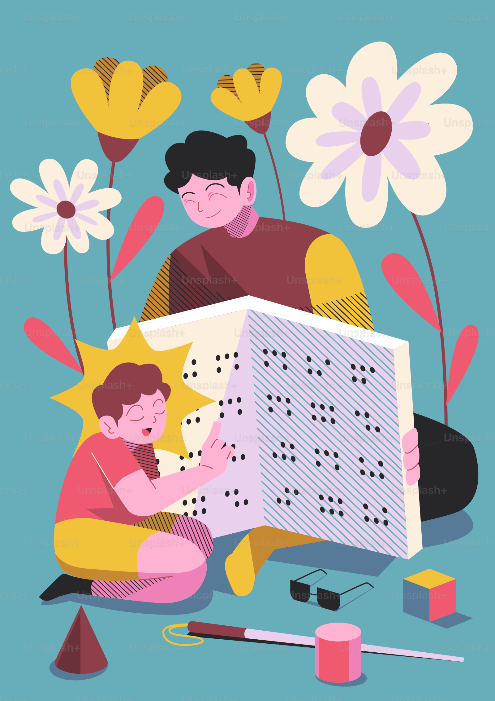 Una persona che legge un libro in braille con un bambino tra fiori stilizzati