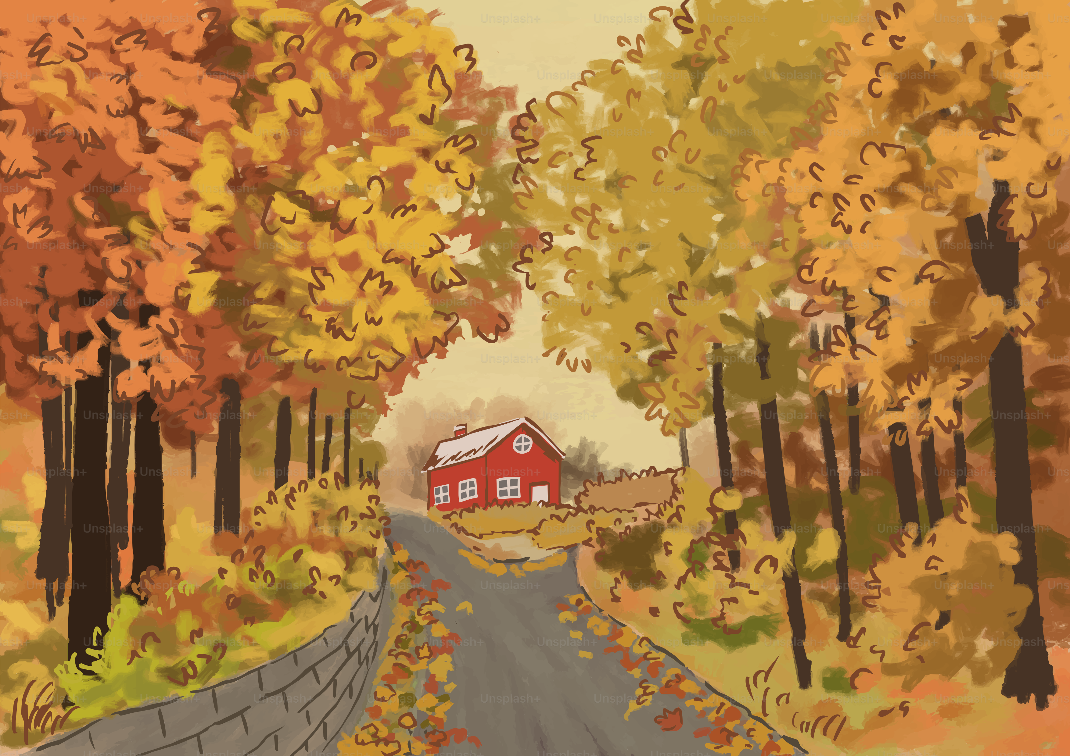Ein kleines rotes Haus am Ende eines Weges durch Herbstbäume