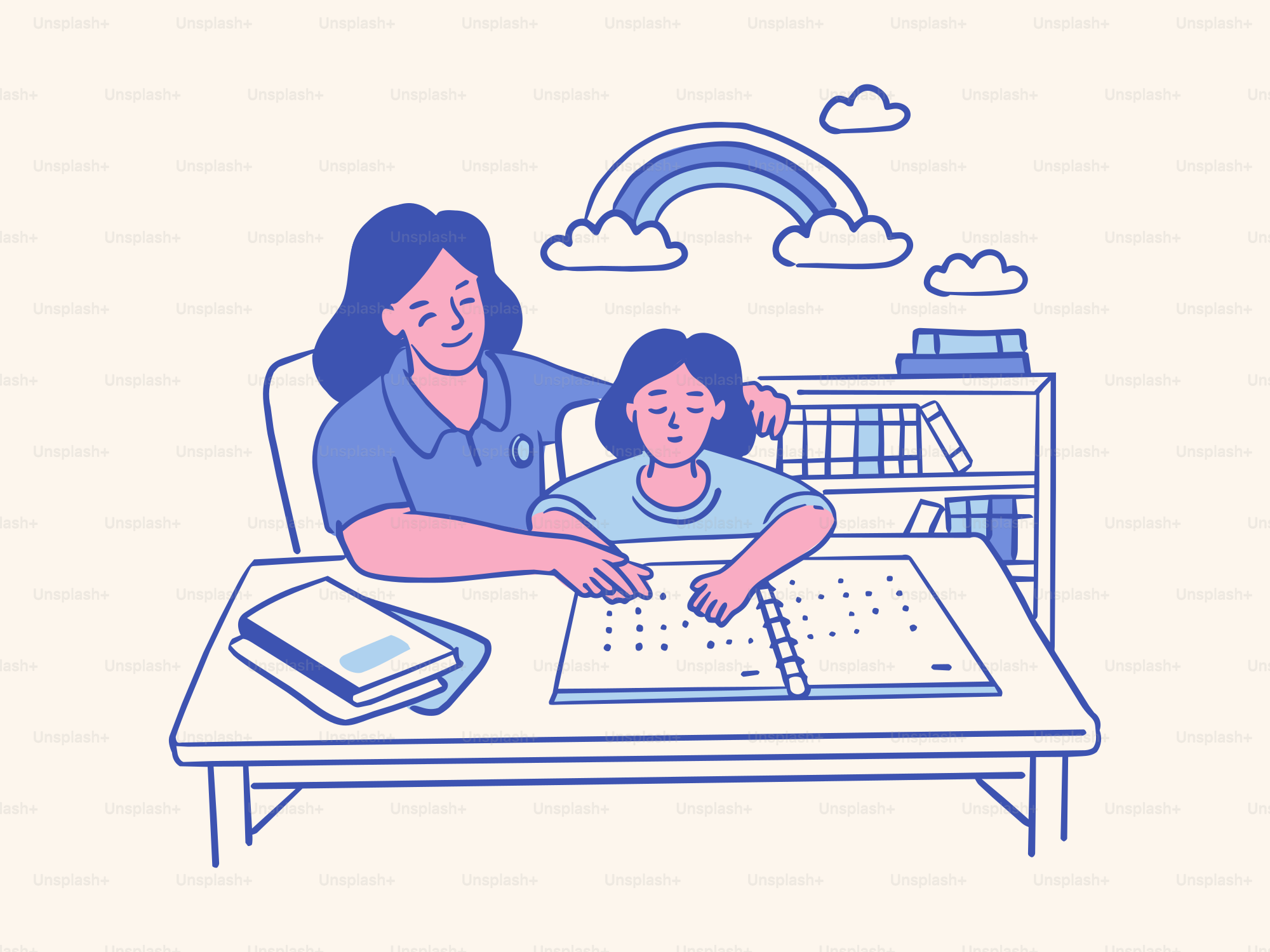Un adulte et un enfant lisant un livre en braille à un bureau