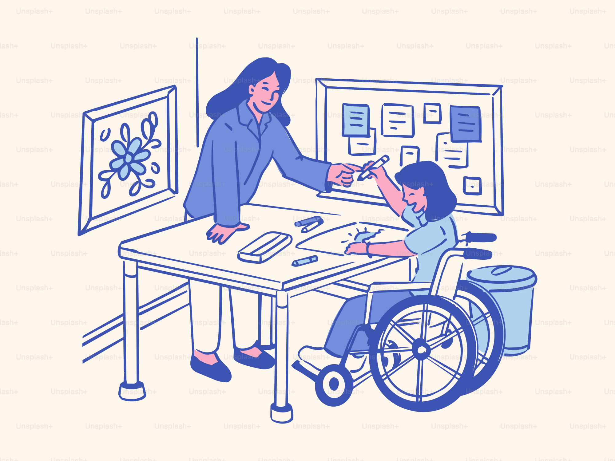 Une femme aidant un enfant en fauteuil roulant à dessiner à une table
