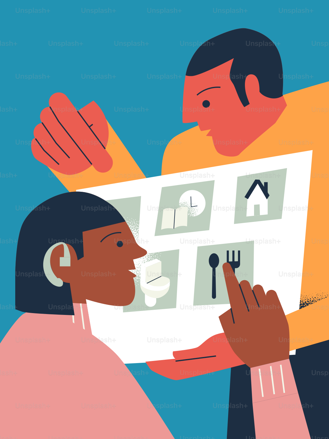 Two people looking at a chart with icons for daily activities