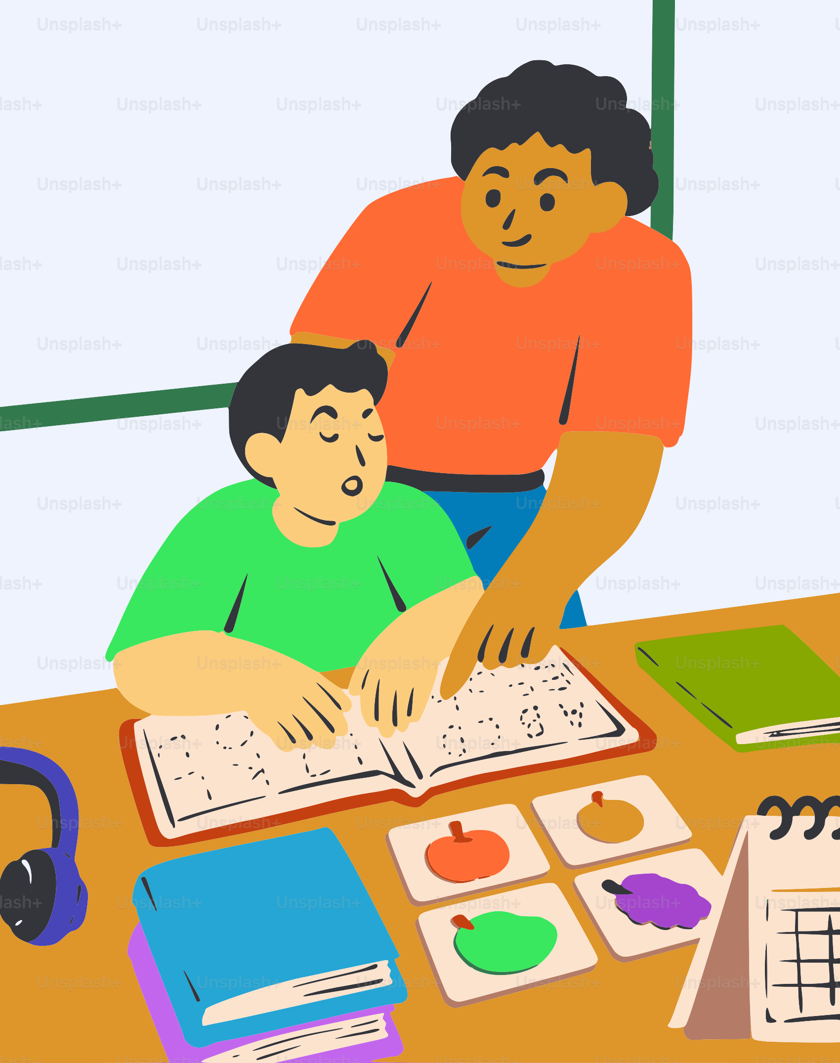 Une personne pointant un livre en braille pour un enfant à un bureau