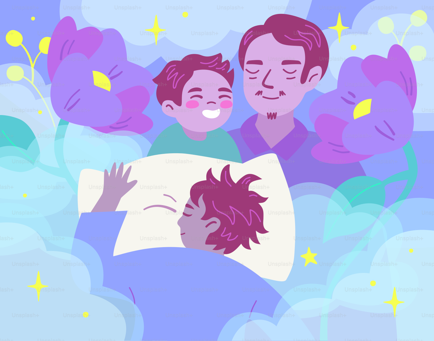Una familia con dos adultos y un niño durmiendo entre grandes flores moradas