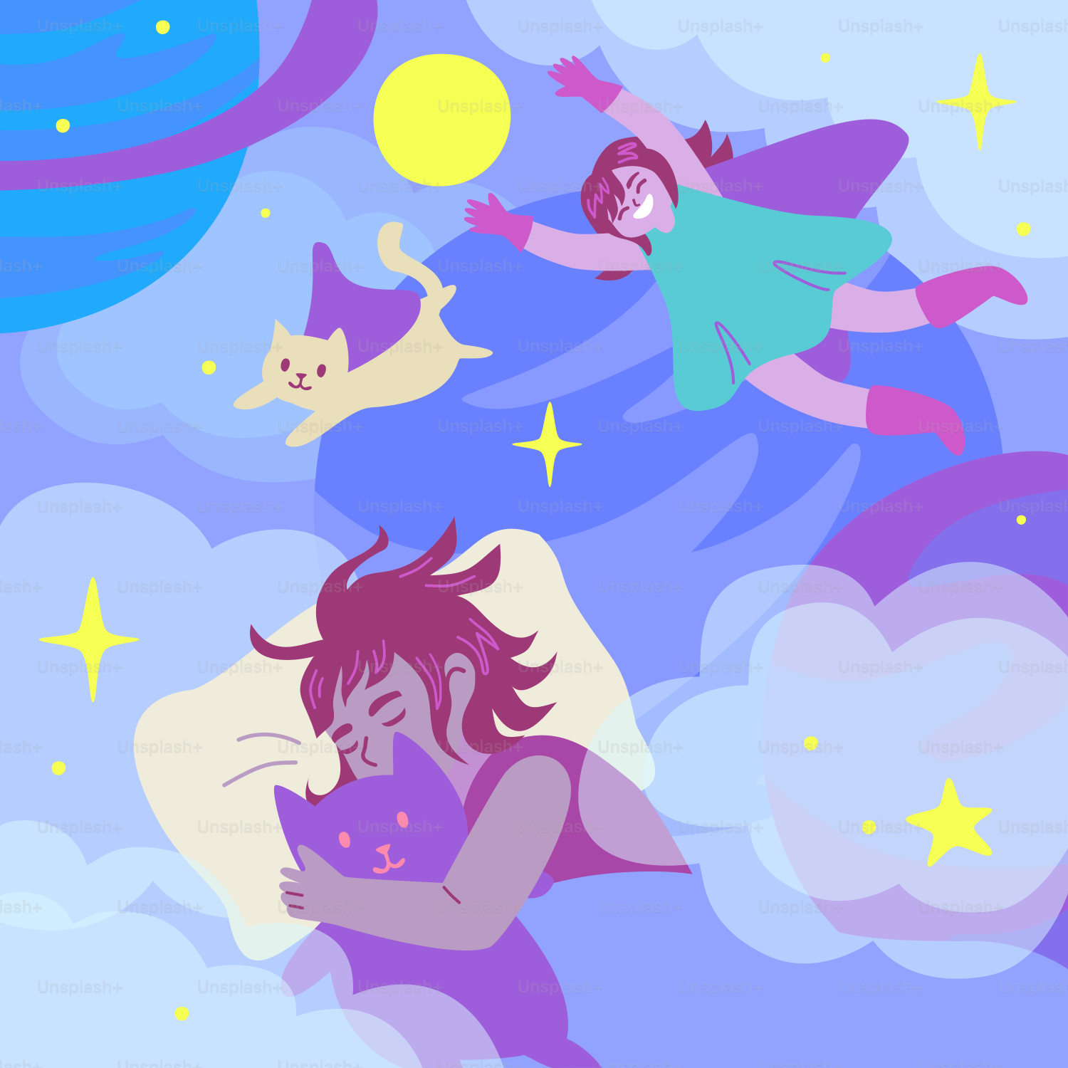 Una persona durmiendo con un gato mientras otra persona y gato vuelan por encima