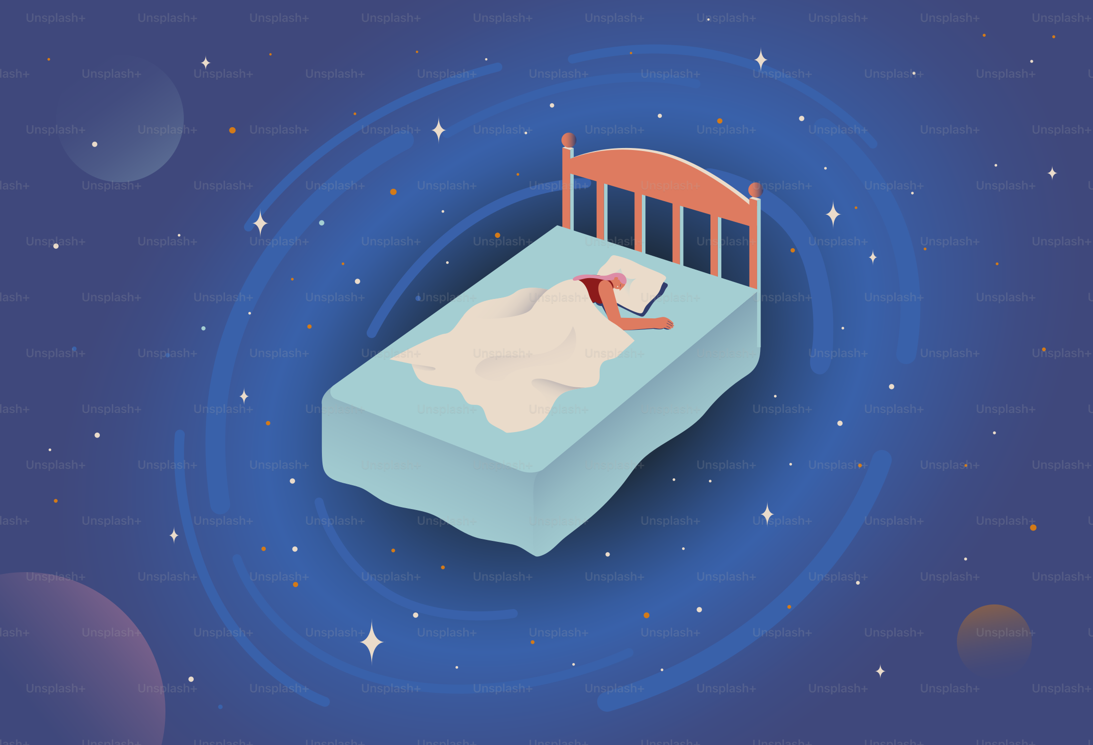 Una persona che dorme in un letto che fluttua attraverso uno spazio stellato blu scuro