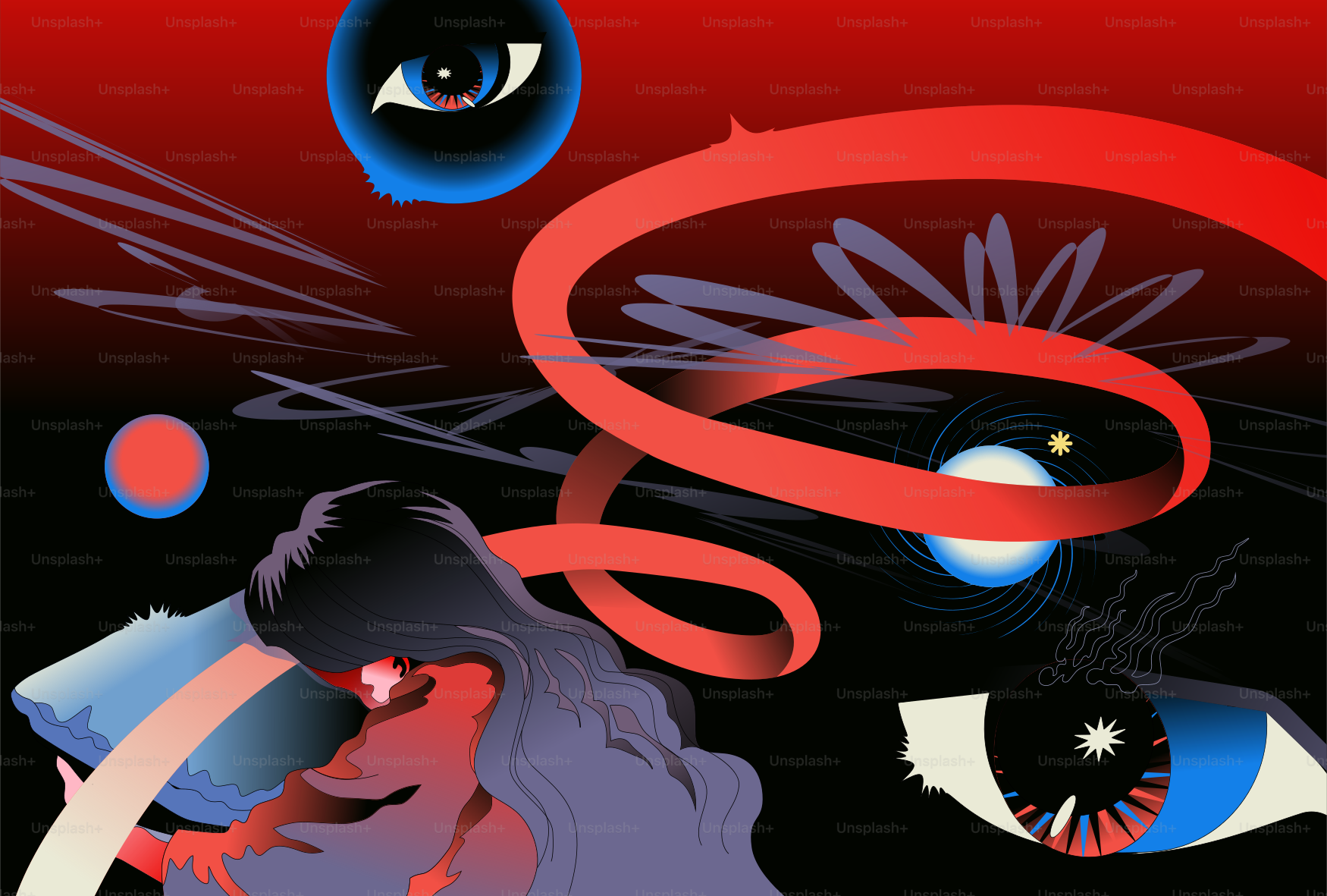 Person with red ribbons and eyes - Vector Illustration on Unsplash+