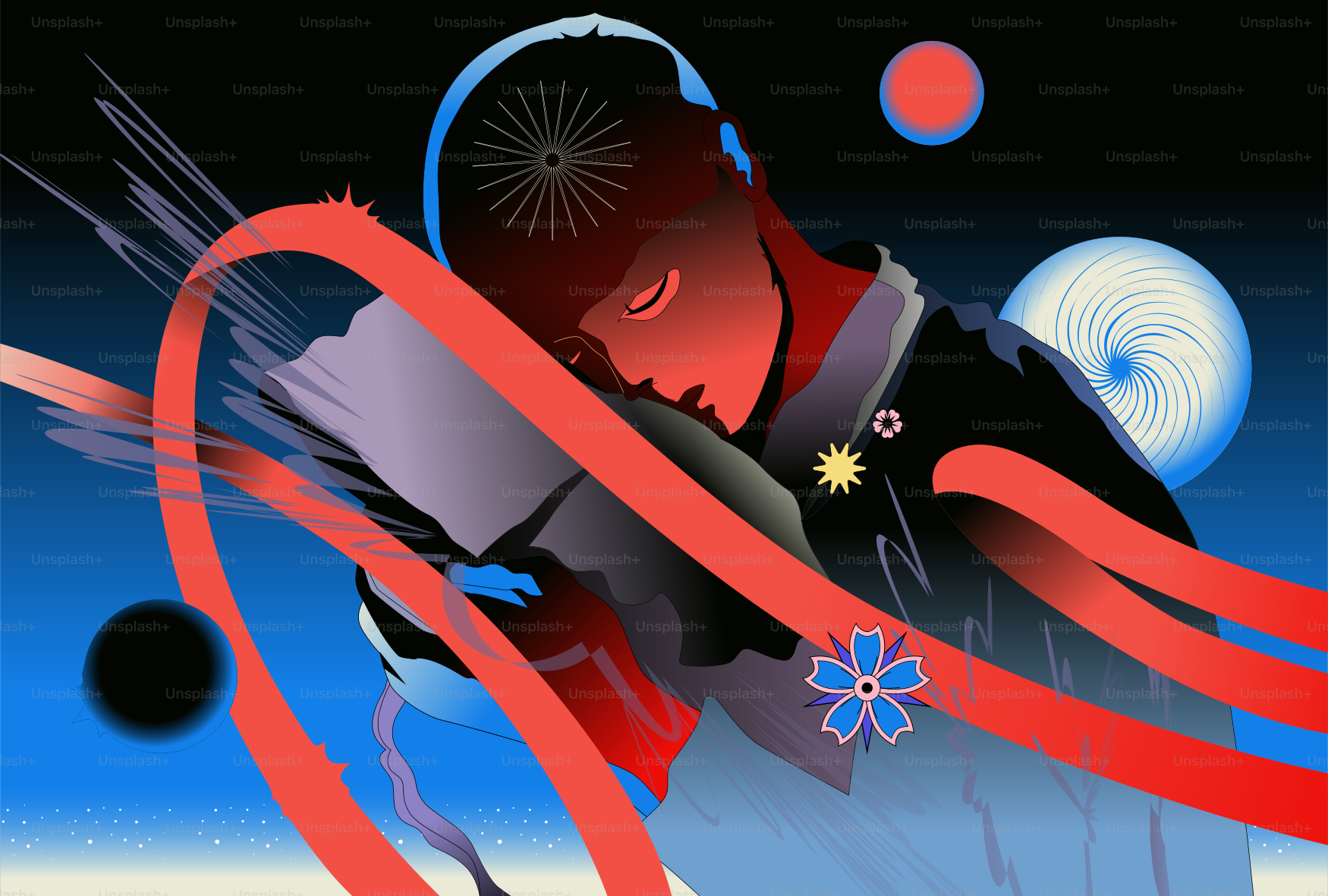 Una persona con los ojos cerrados rodeada de cintas rojas y formas celestiales brillantes