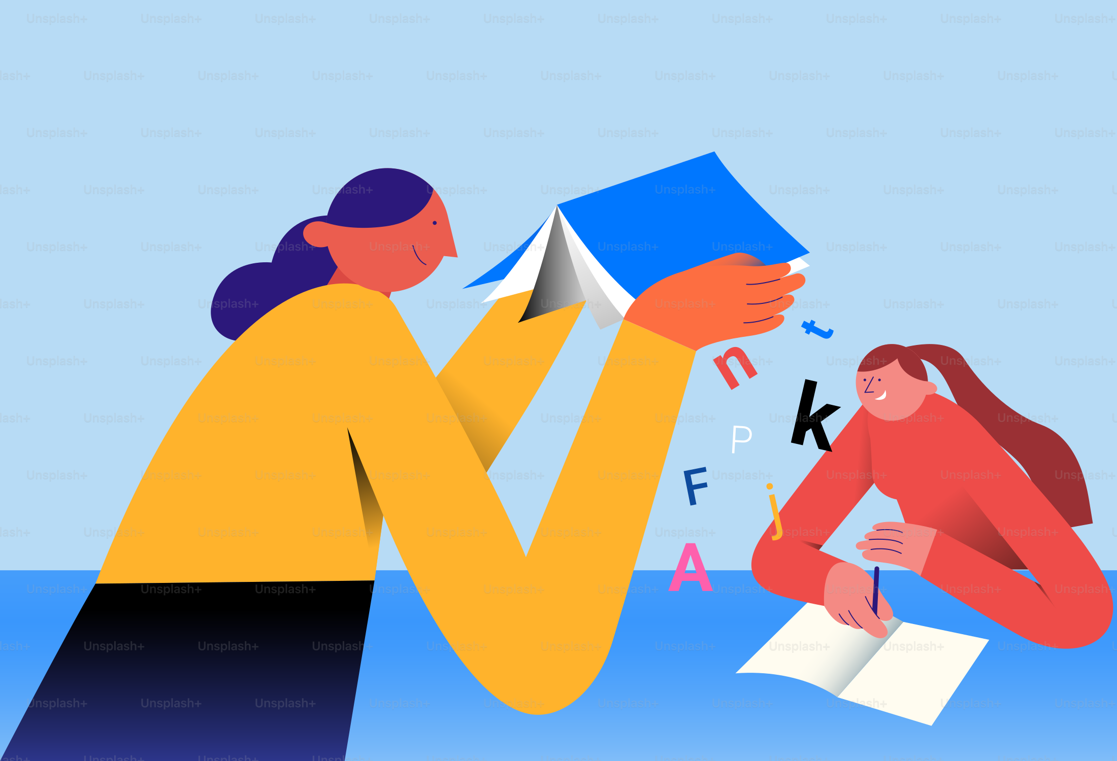 Una persona che tiene un libro aperto mentre un'altra scrive su un quaderno
