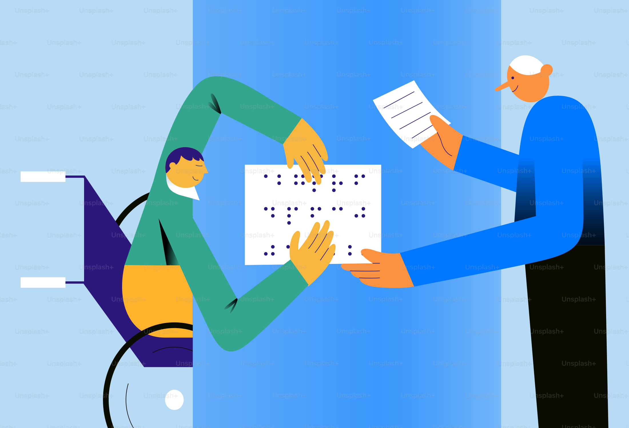 Una persona in sedia a rotelle che legge il braille su un foglio tenuto da un'altra persona