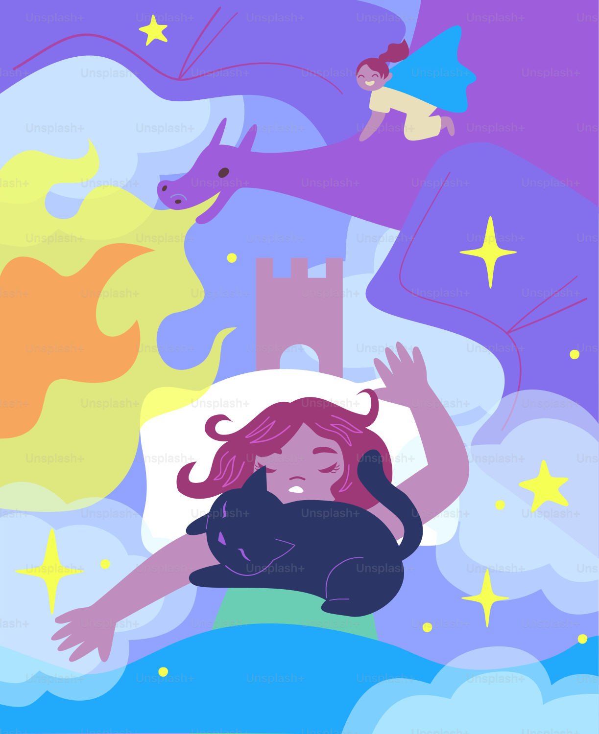 Una persona durmiendo con un gato negro, soñando con un dragón y un castillo