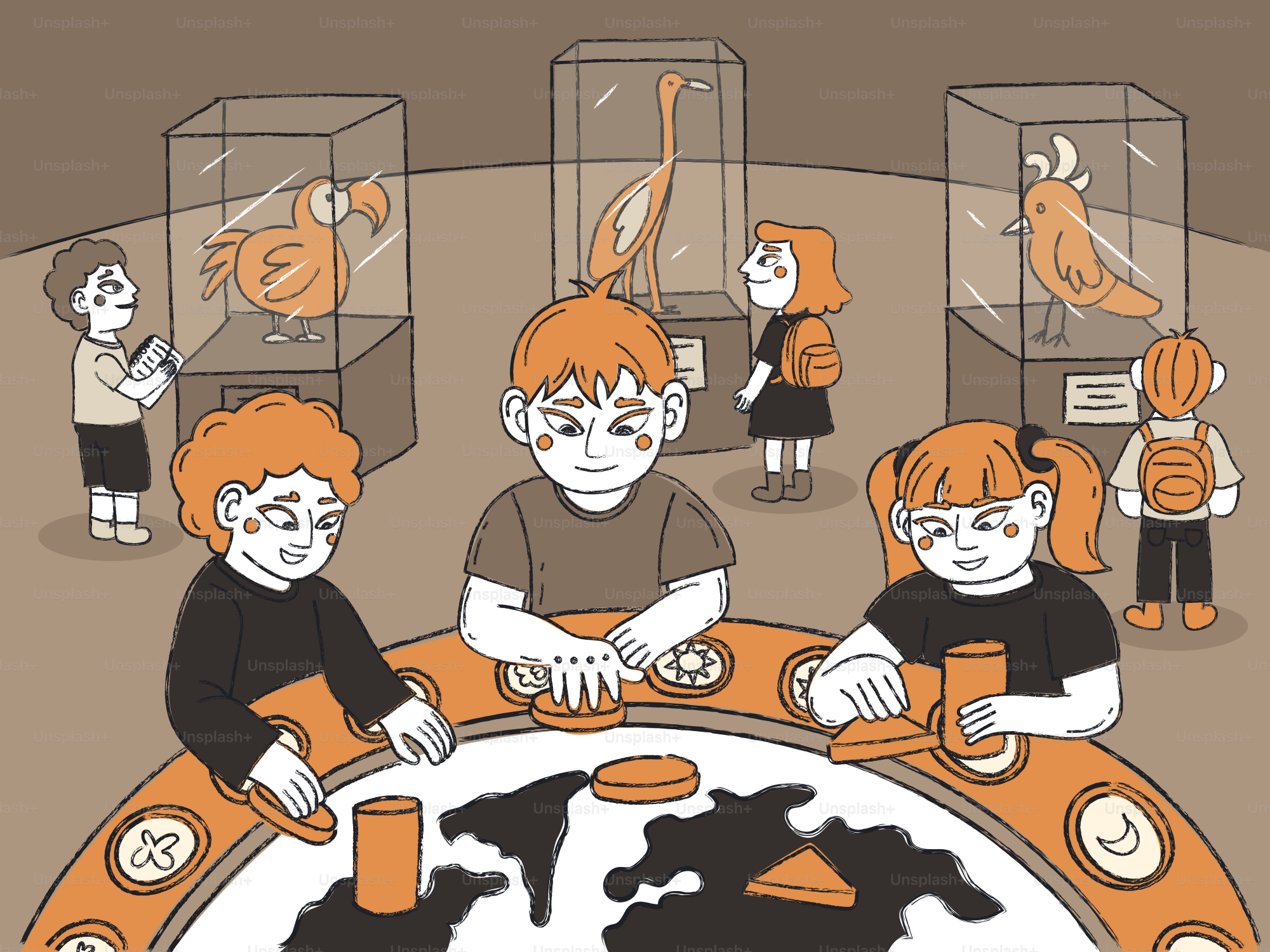 Three children interacting with a circular table display in a museum with bird exhibits
