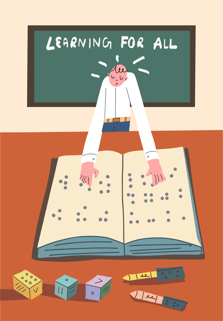 Una persona che legge un libro in braille a una scrivania con blocchi e penne