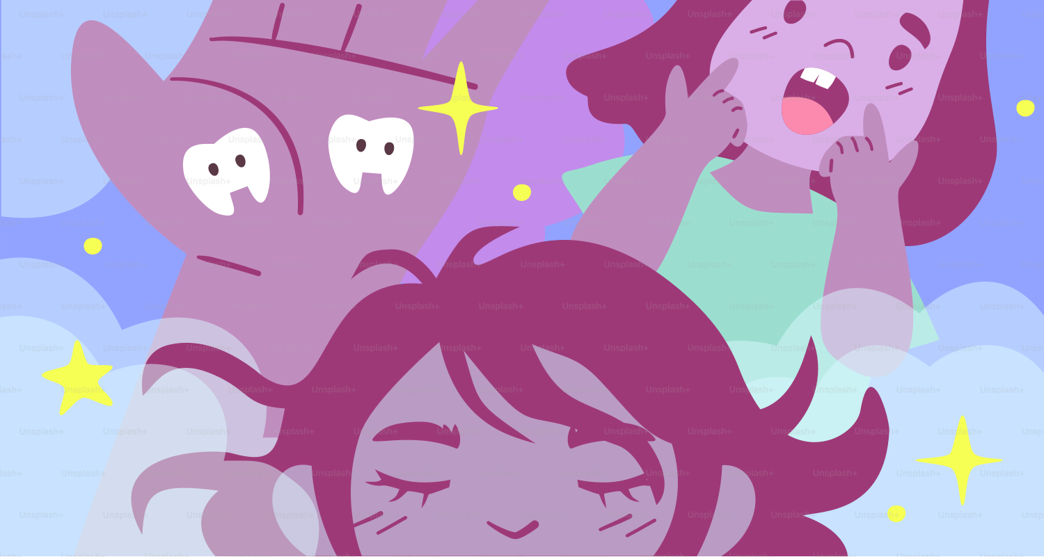 Una mano morada ilustrada con dos iconos de dientes junto a las personas sobre un fondo azul