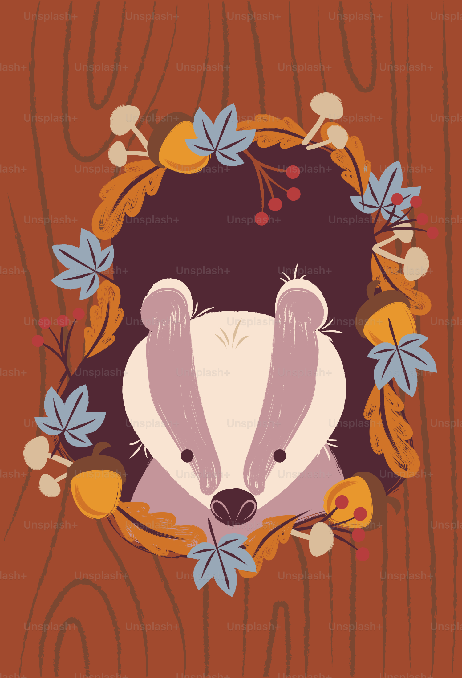 A badger face framed by autumn leaves, acorns, and mushrooms on wood grain