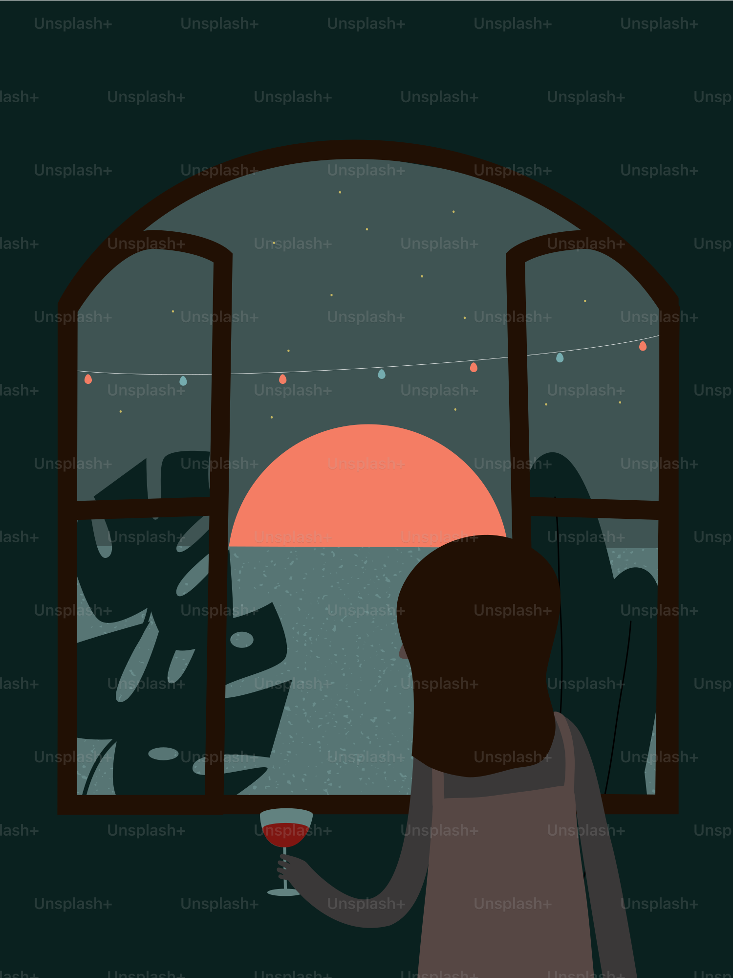 A person holding a glass of wine looking out a window at night