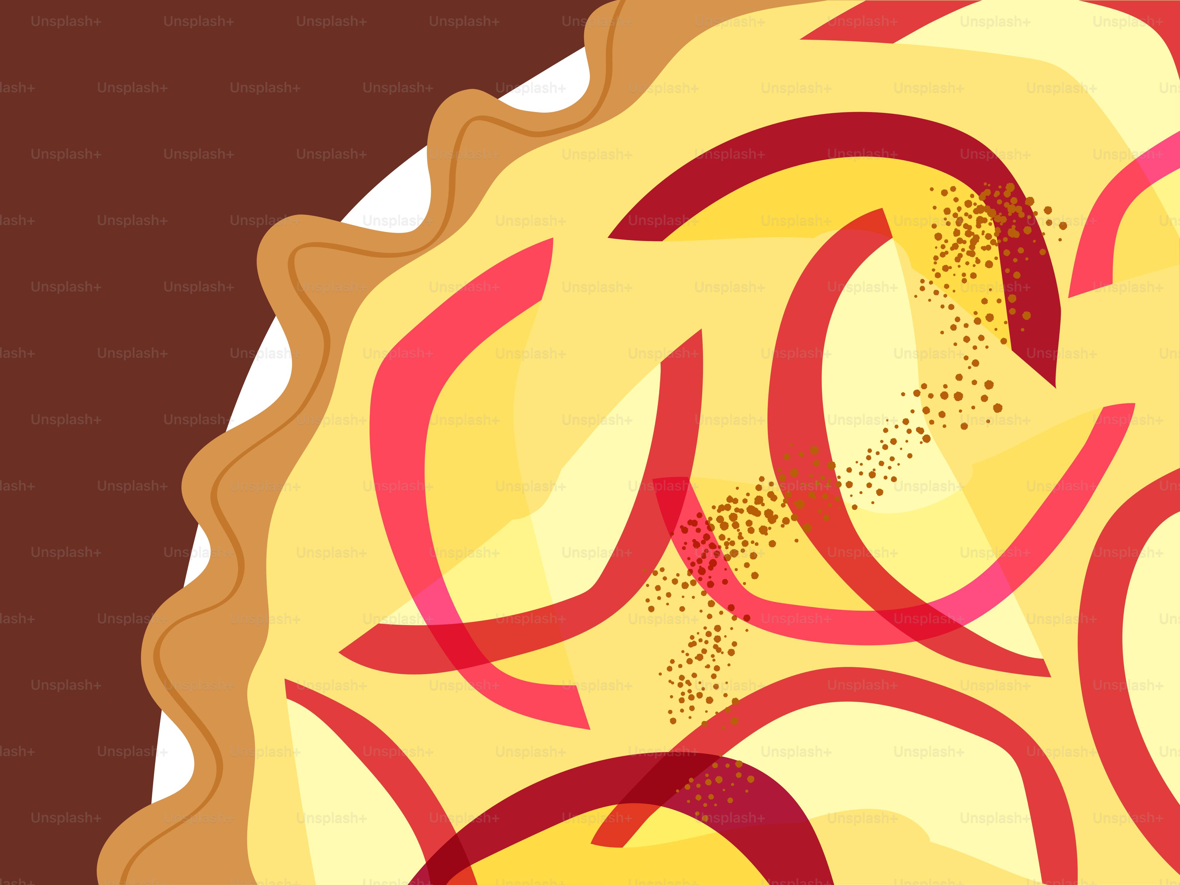 A stylized apple pie with red fruit slices and brown sugar on yellow filling
