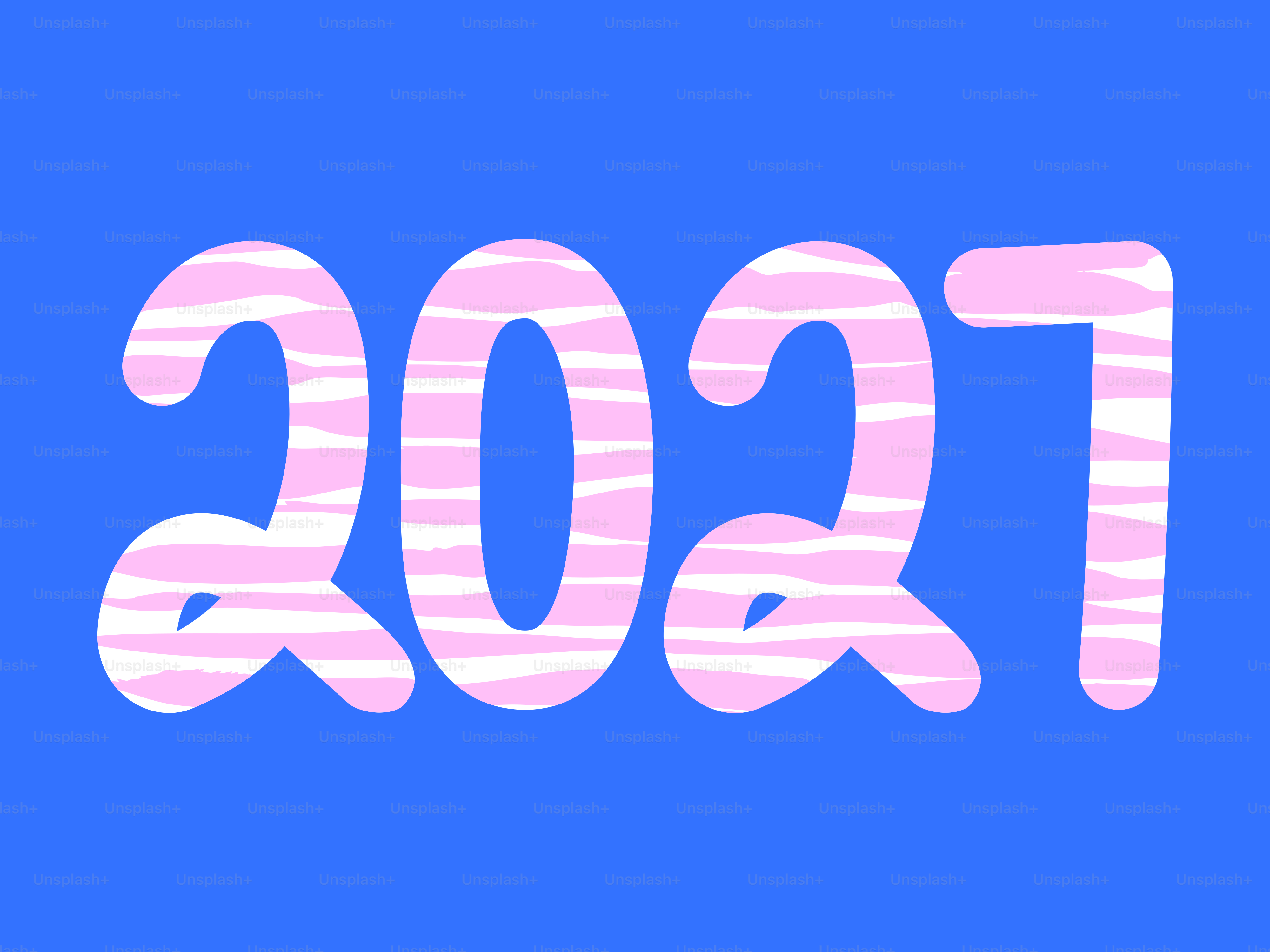 Le numéro 2021 en lettres rayées rose et blanche sur fond bleu