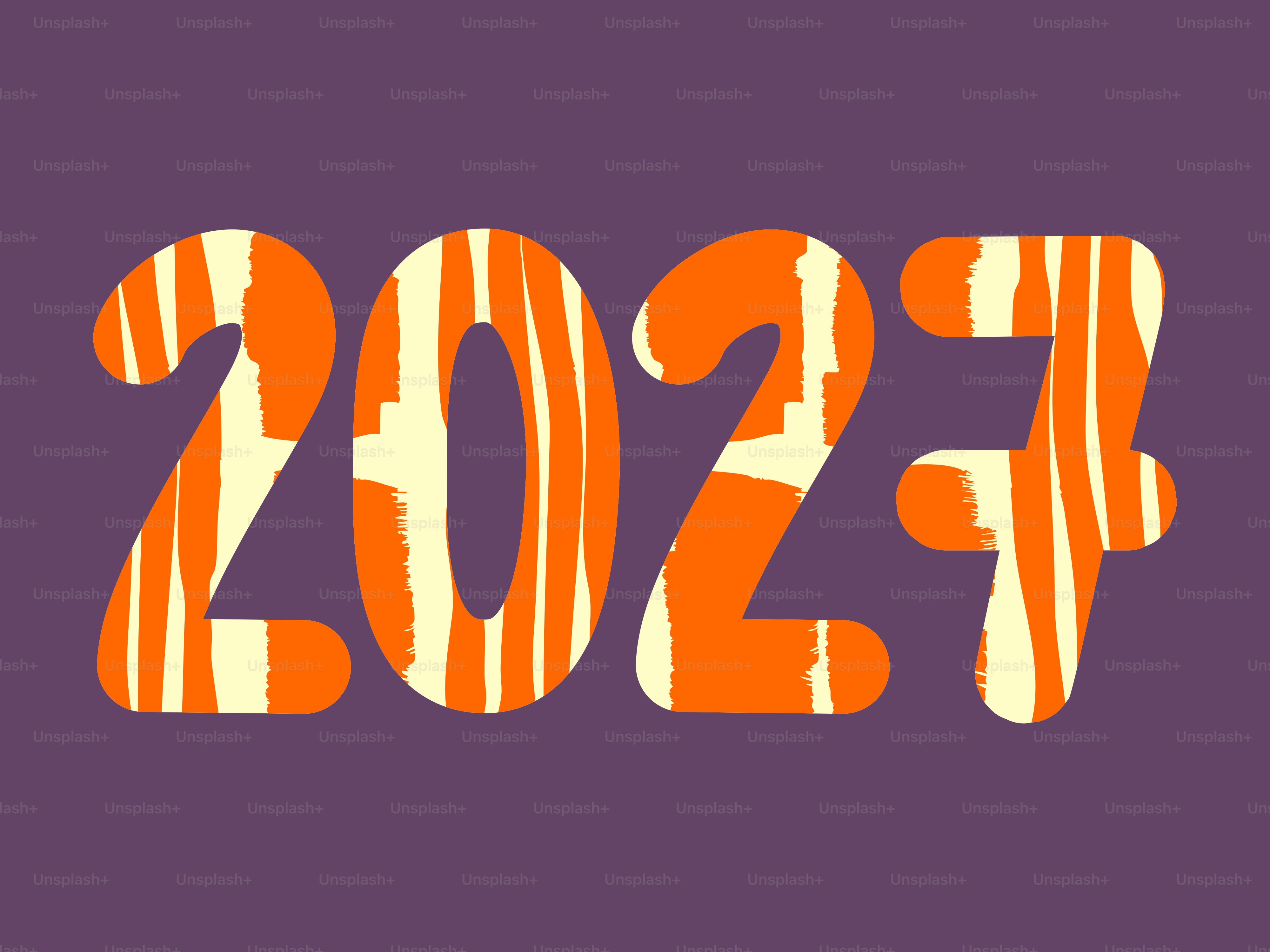 Les chiffres 2027 en bandes verticales orange et crème sur fond violet