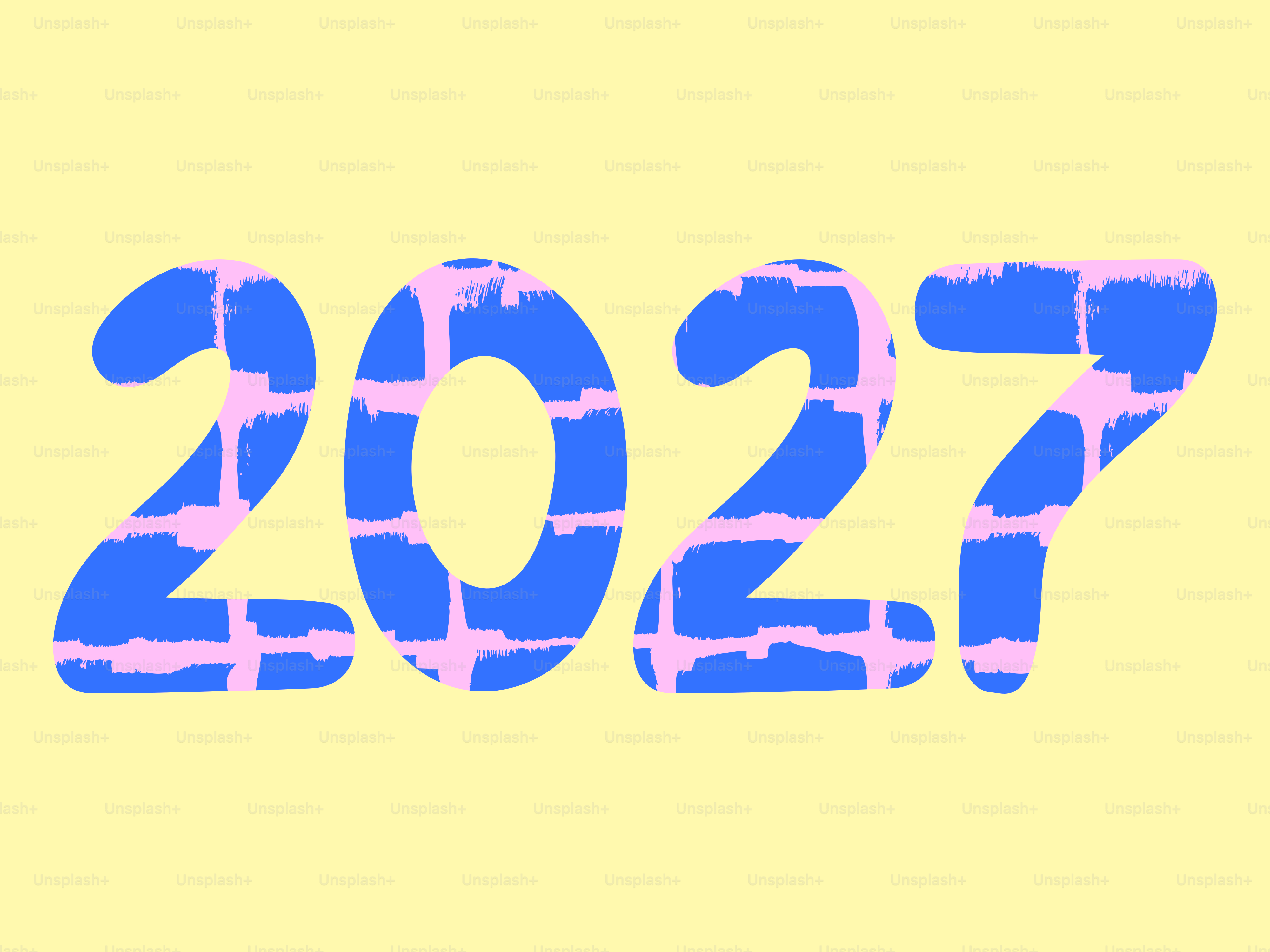 Les numéros 2027 en bleu avec un motif de grille rose sur fond jaune