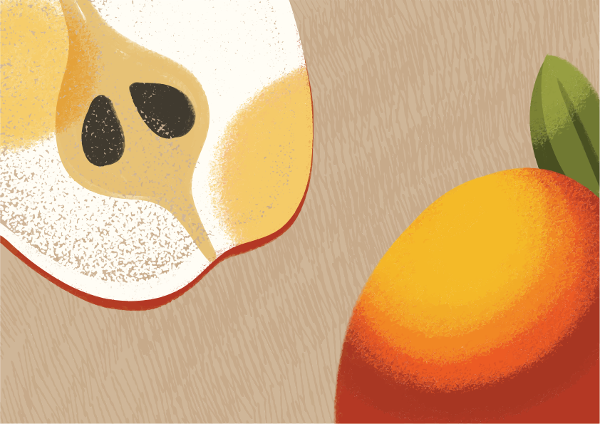 Una manzana partida por la mitad con semillas negras junto a una manzana entera sobre un fondo texturizado