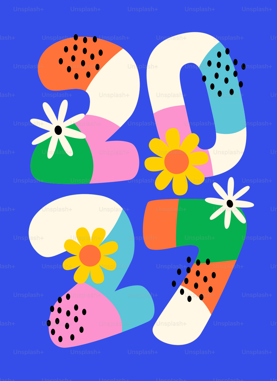 The numbers 2027 in colorful abstract shapes with flowers on a blue background