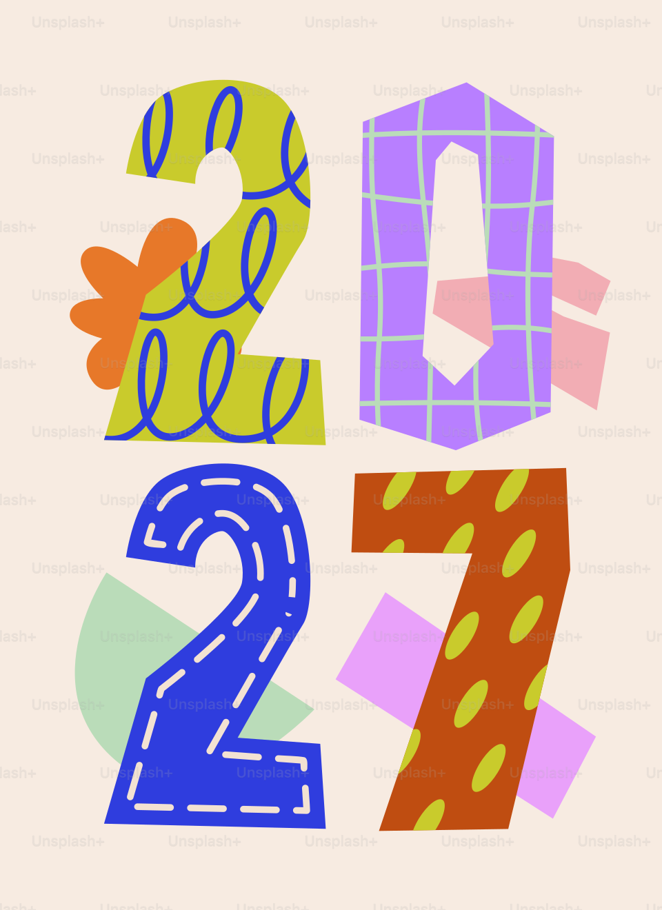 The numbers 2027 in colorful patterned shapes on a light beige background