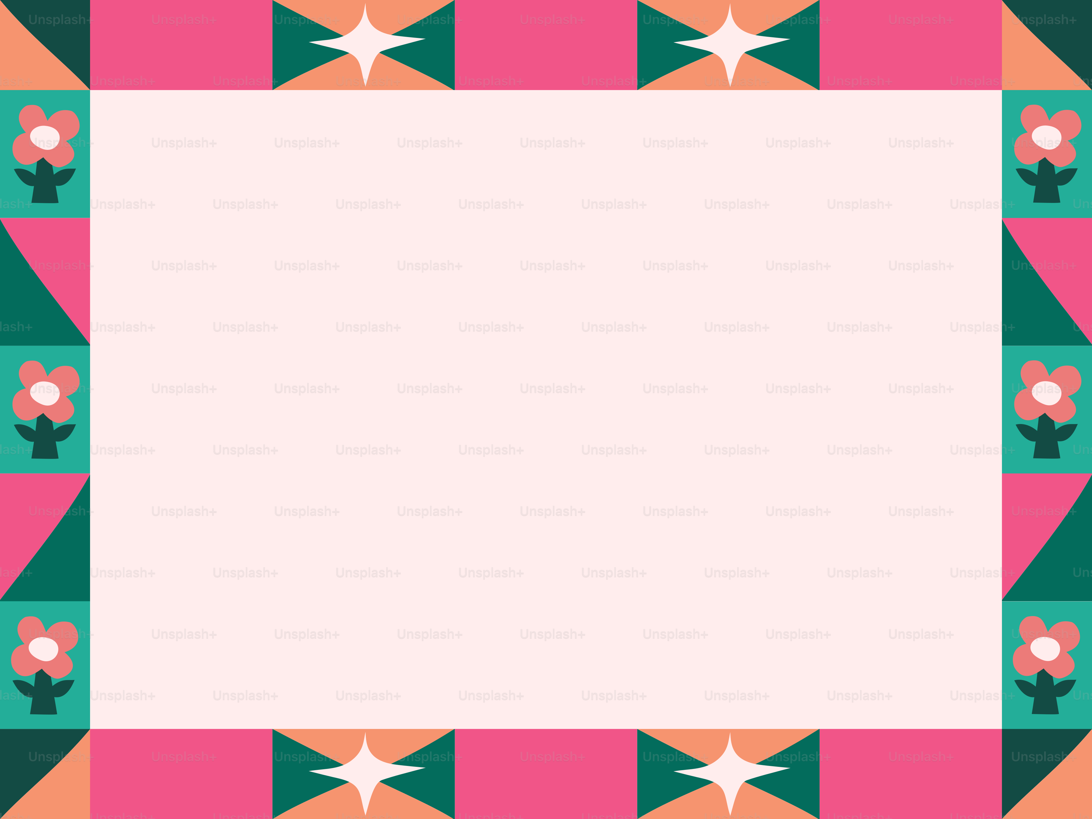 A decorative border of pink flowers and geometric shapes on a pale pink background