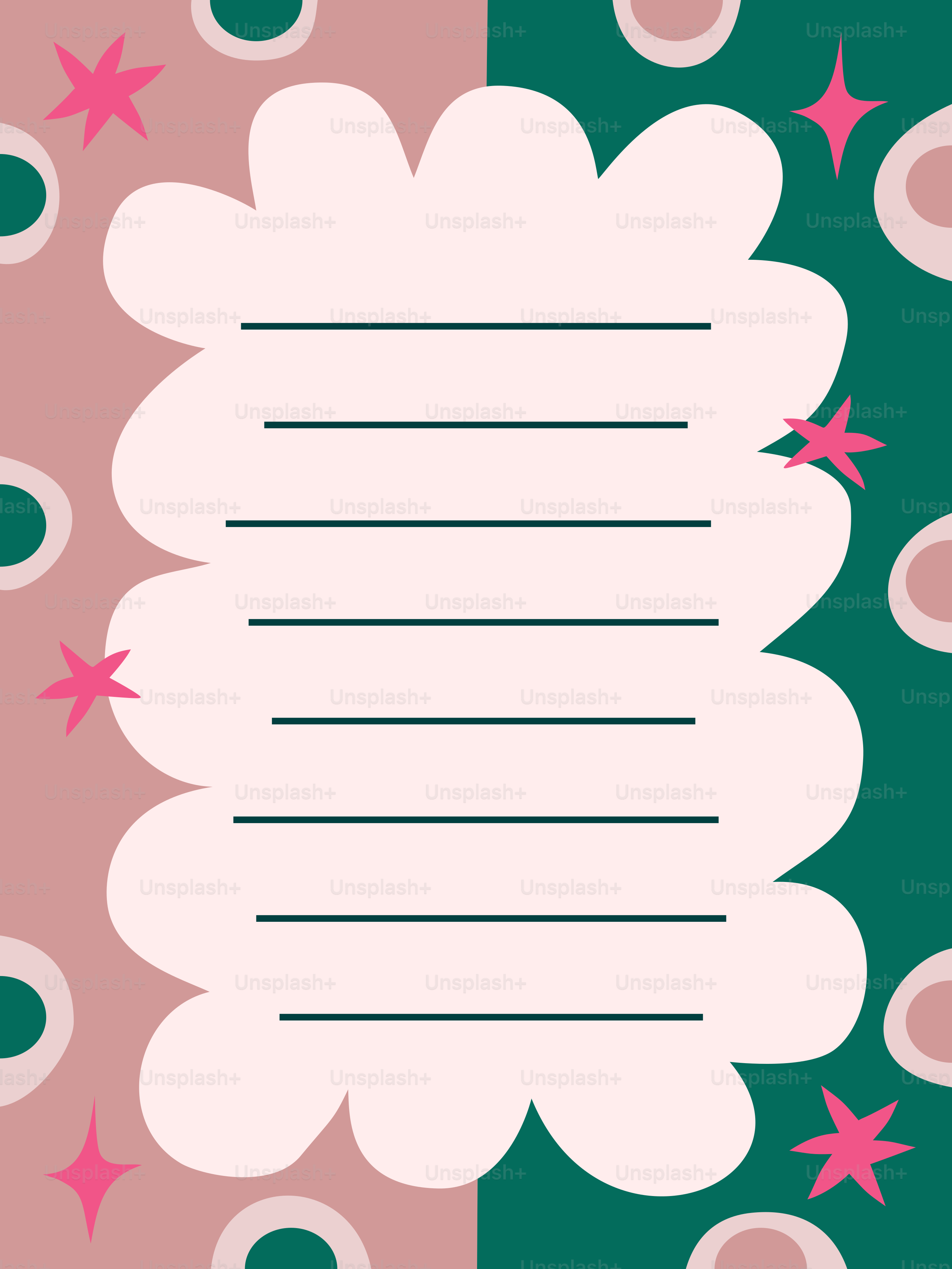 A scalloped white note card with horizontal lines on a pink and green background