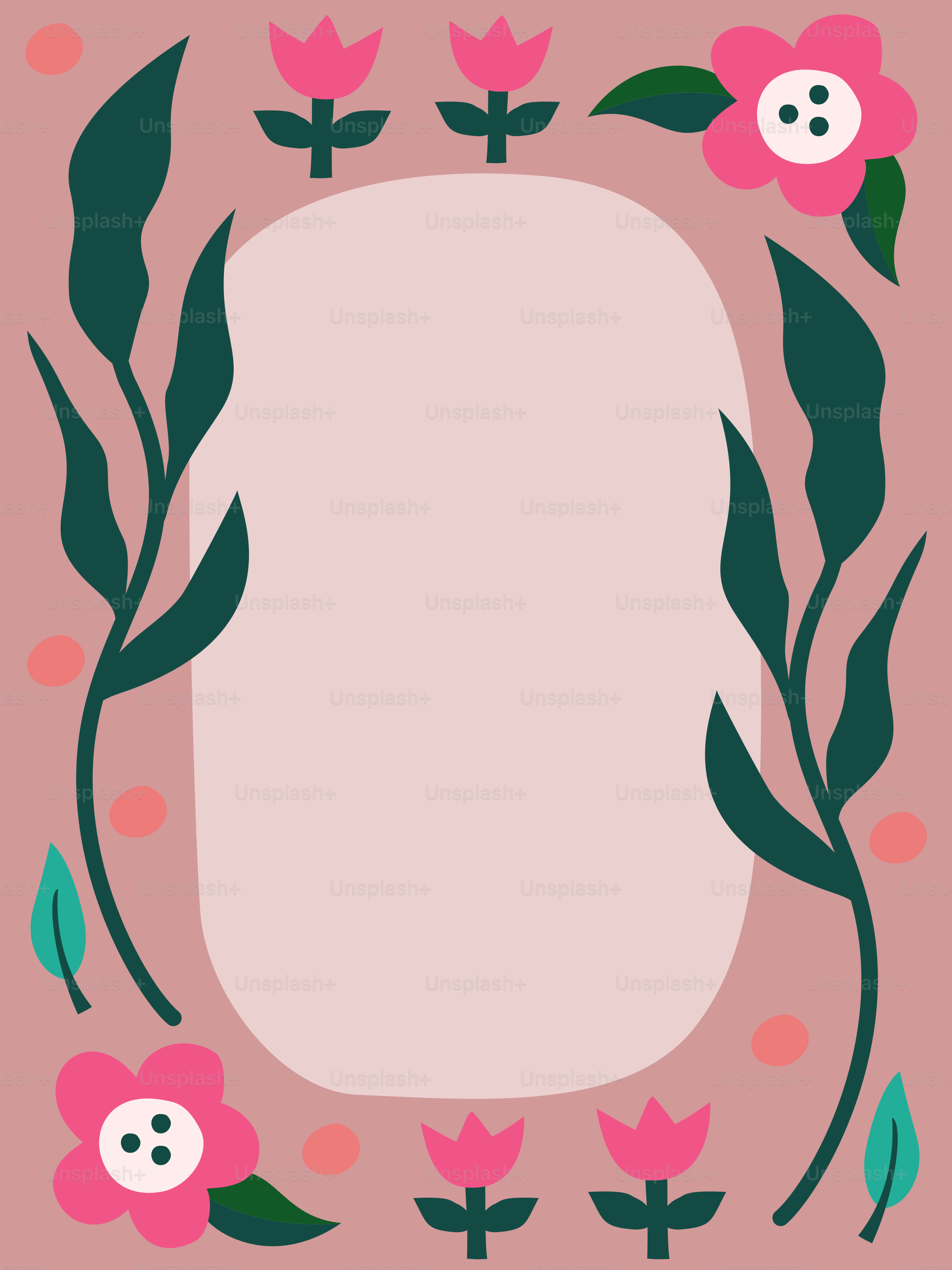 A pink background with a central oval frame surrounded by stylized flowers and leaves