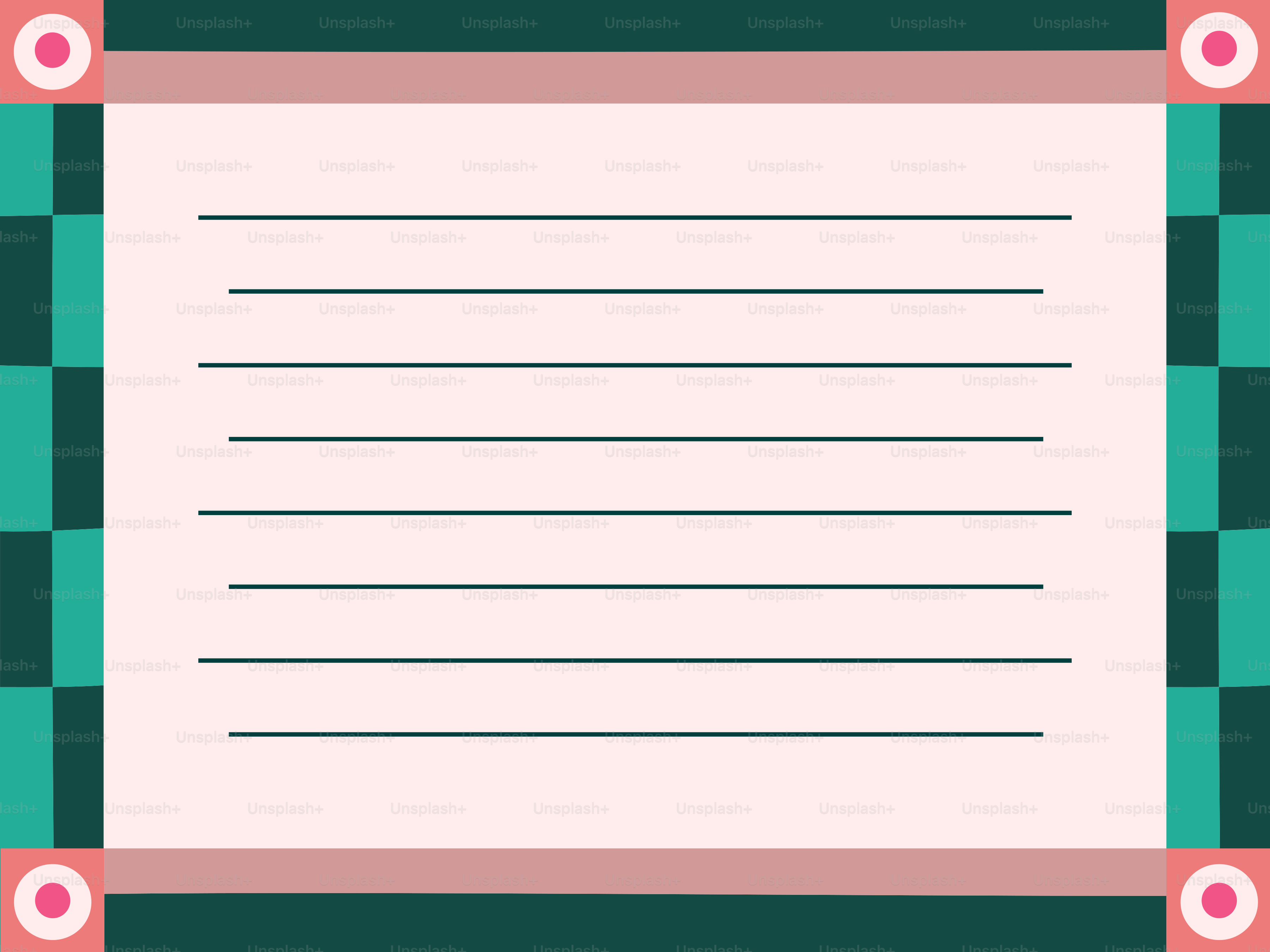 A pale pink rectangular frame with horizontal lines and teal checkered borders