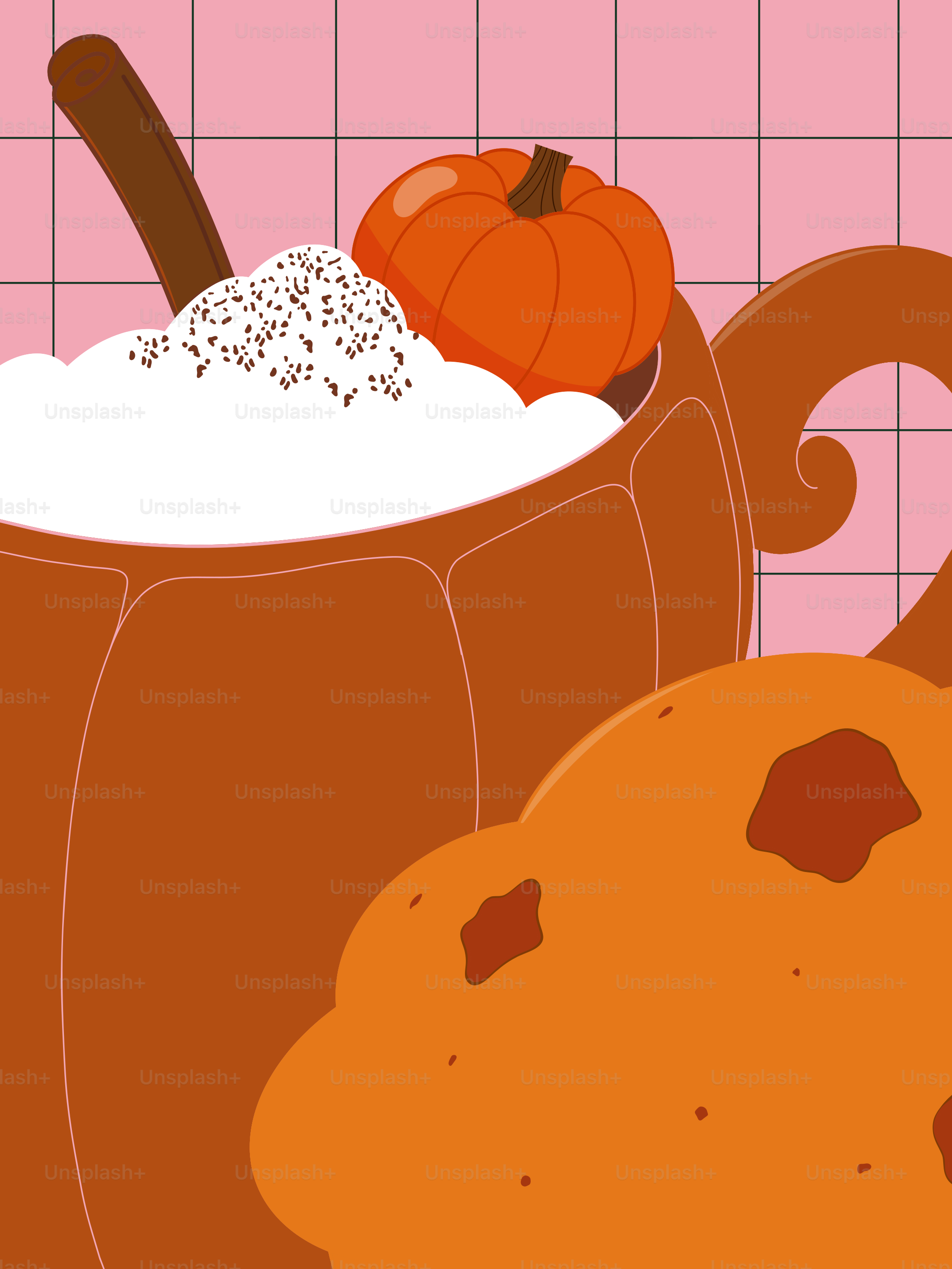 A pumpkin-shaped mug with whipped cream, cinnamon, and a cookie on a pink grid
