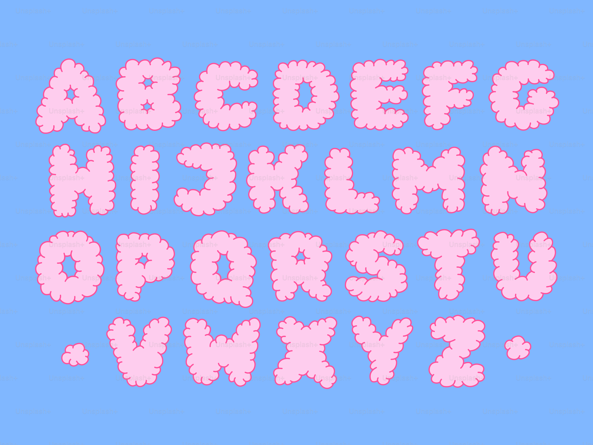 Das englische Alphabet in rosa, wolkenförmigen Buchstaben auf hellblauem Hintergrund