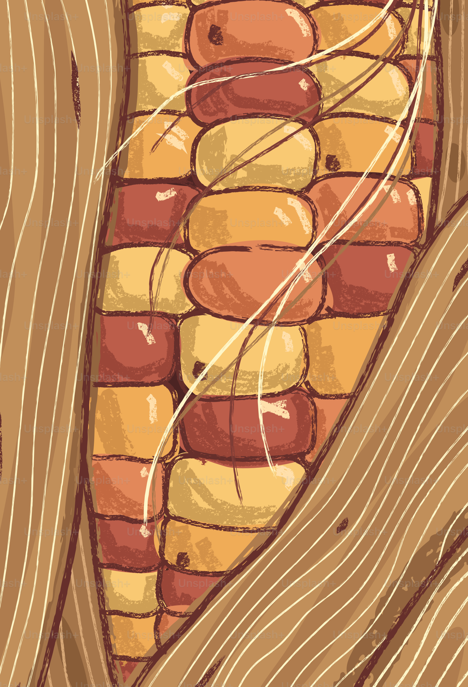 An ear of corn with yellow and red kernels inside brown husks