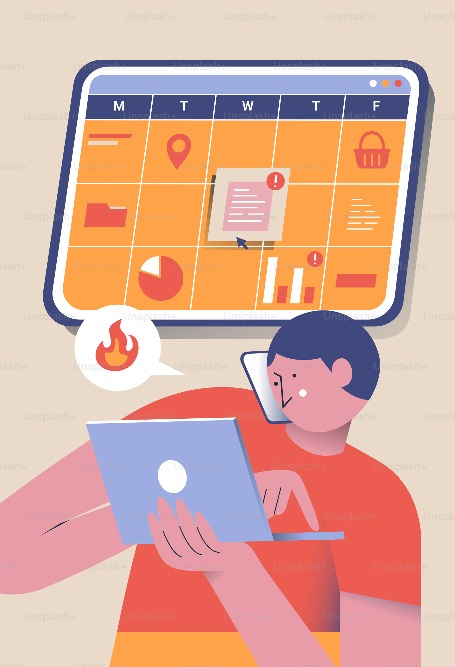 Una persona che usa un portatile e un telefono con un calendario digitale che fluttua sopra