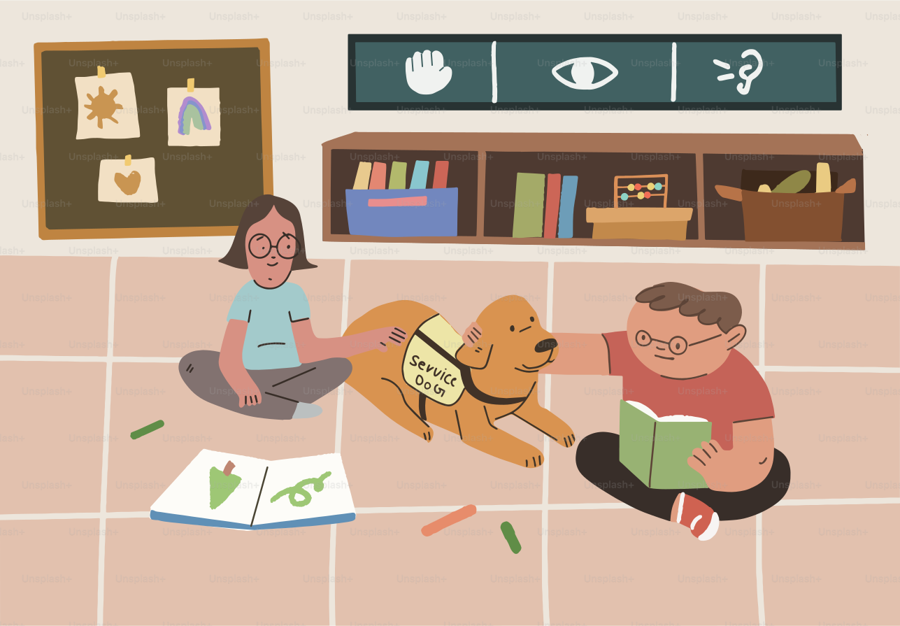 Dos niños sentados en el suelo acariciando a un perro de asistencia dorado en un aula