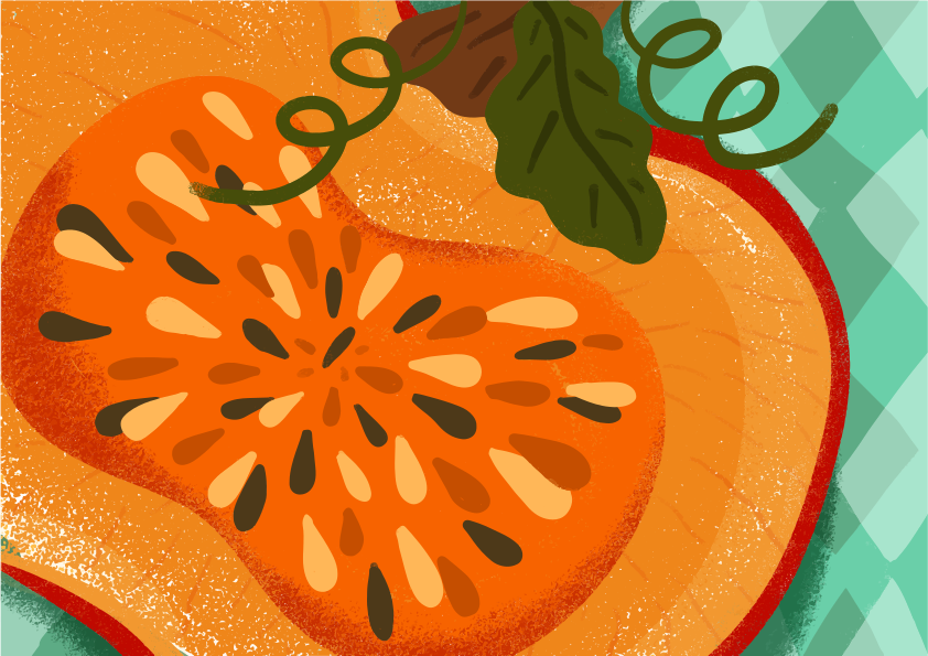 Una calabaza naranja partida por la mitad con semillas oscuras y enredaderas verdes sobre una superficie de cuadros color turquesa