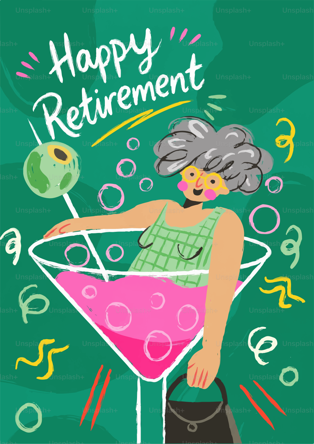 Una mujer ilustrada con canas en una copa de martini sobre fondo verde