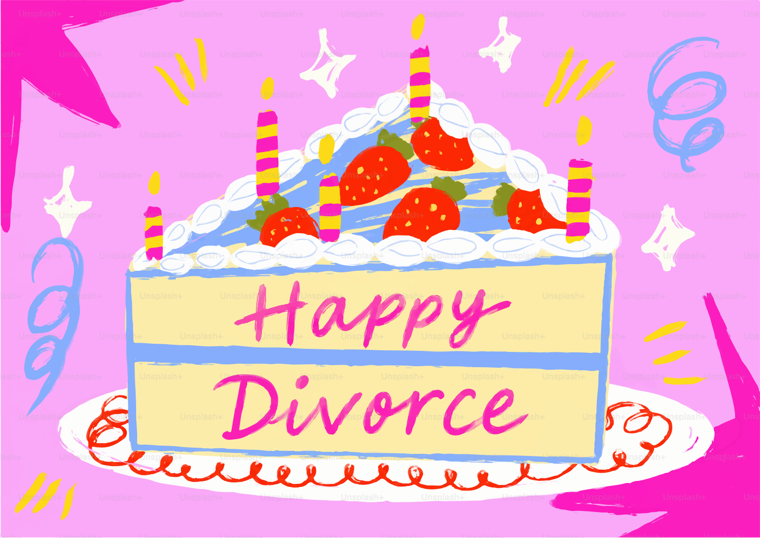 Un pastel con fresas y velas en un plato con un texto que dice Feliz divorcio