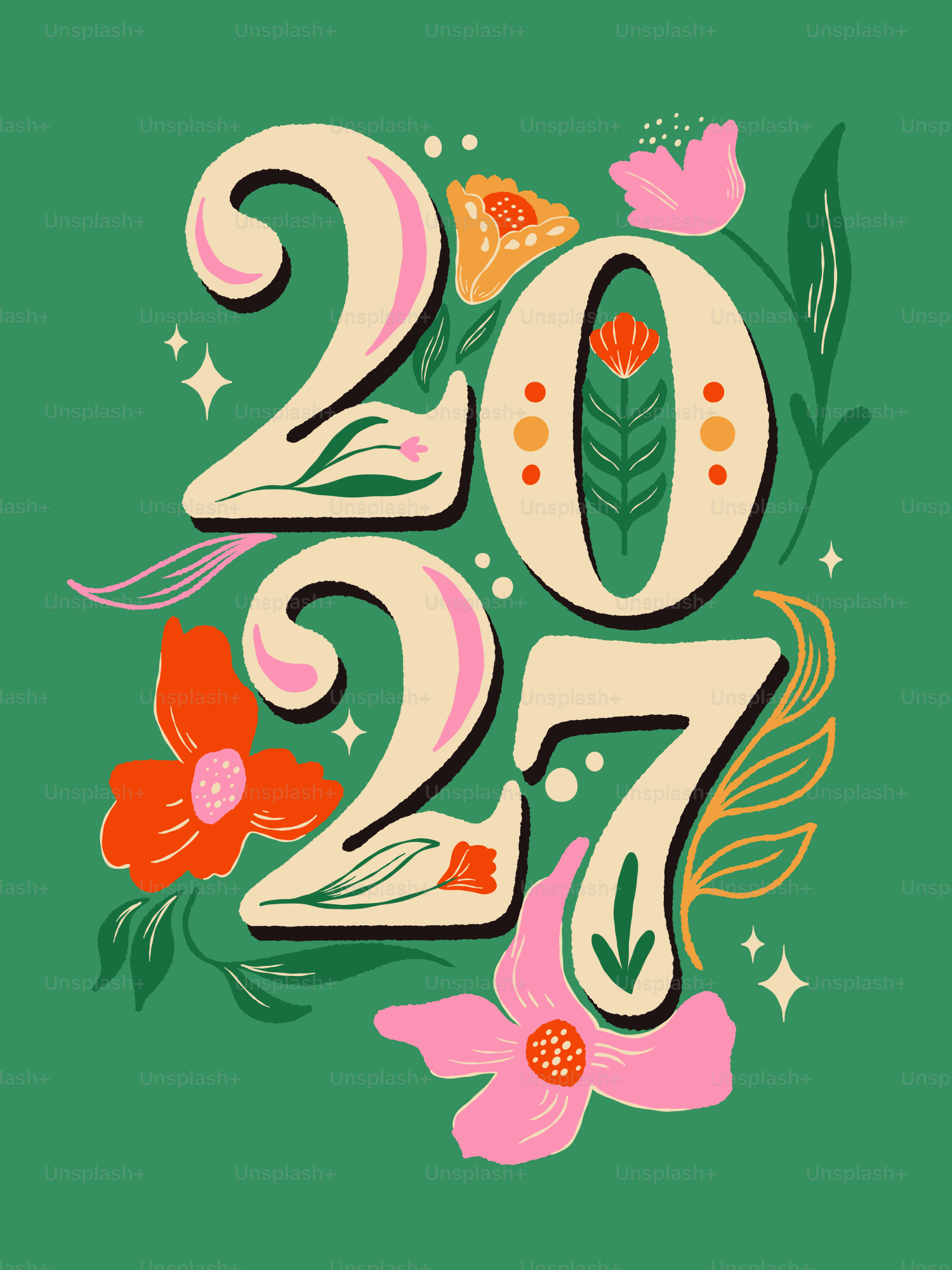 The numbers 2027 in cream with floral patterns on a solid green background