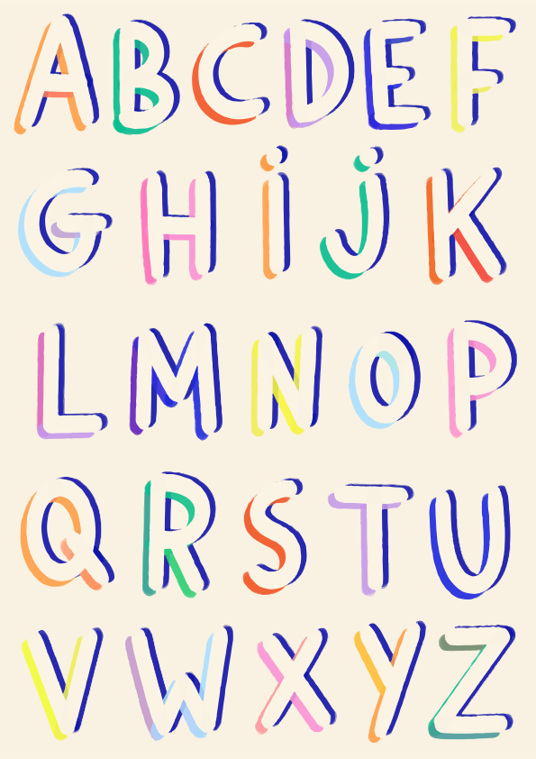 Das englische Alphabet in farbenfrohen, handgezeichneten Buchstaben auf hellem cremefarbenem Hintergrund