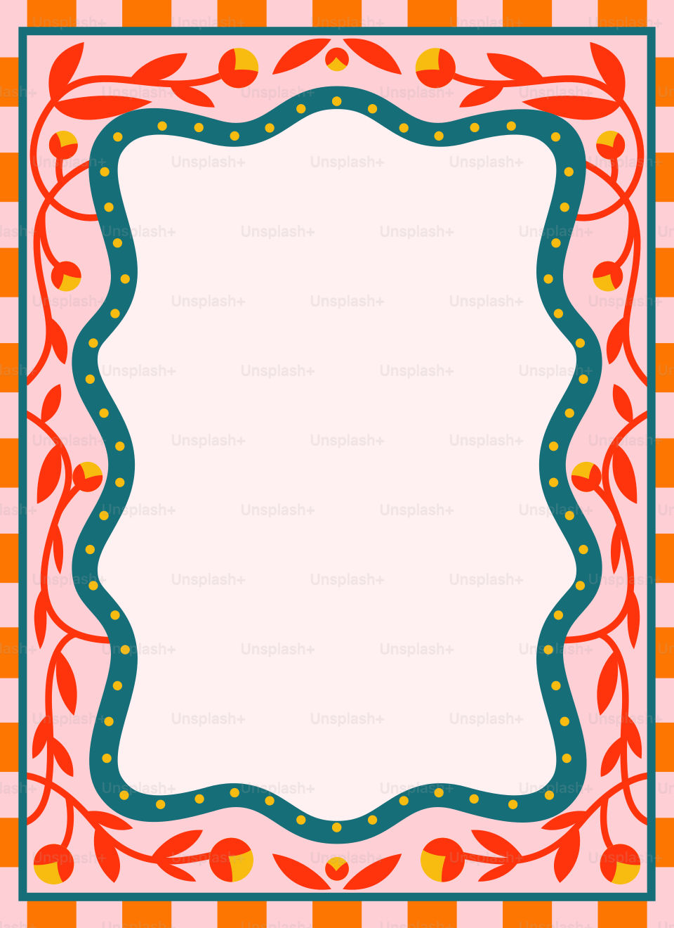 A retro floral border design with orange leaves and yellow buds on pink