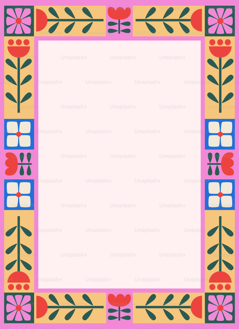 A rectangular frame with colorful floral patterns on a yellow and pink background
