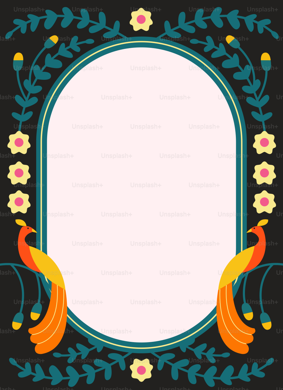 Two stylized orange peacocks flanking a central oval frame with floral and leaf motifs