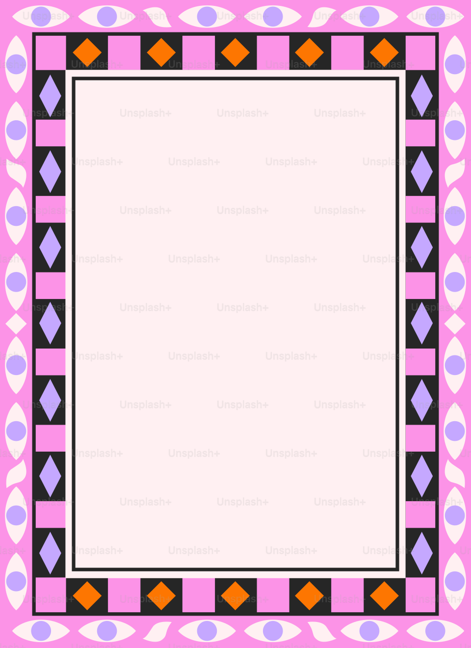 A rectangular frame with a pattern of eyes, diamonds, and pink squares