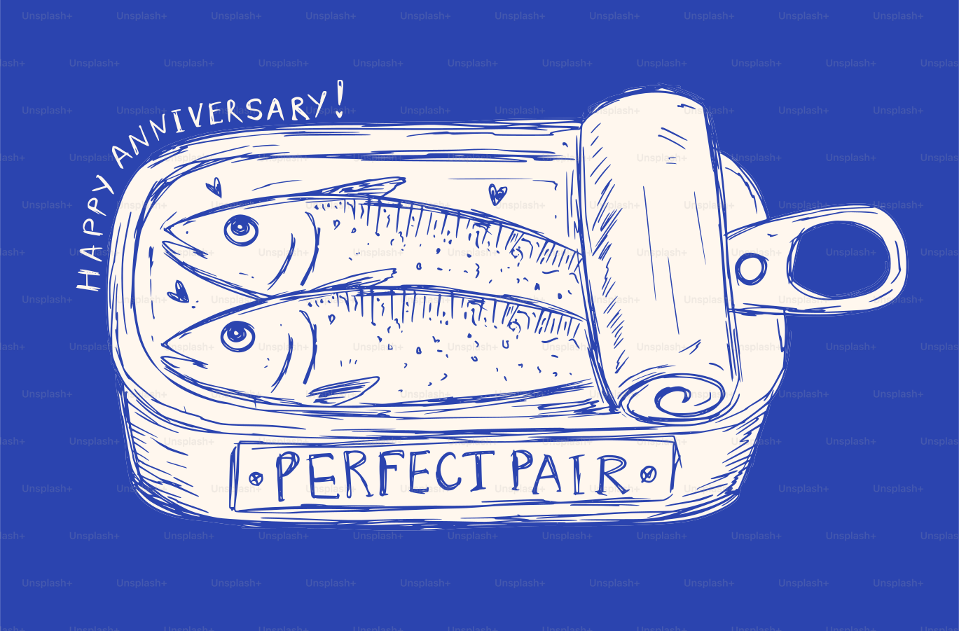 Una scatola aperta per sardine con due sardine etichettate "BUON ANNIVERSARIO!" e "COPPIA PERFETTA"