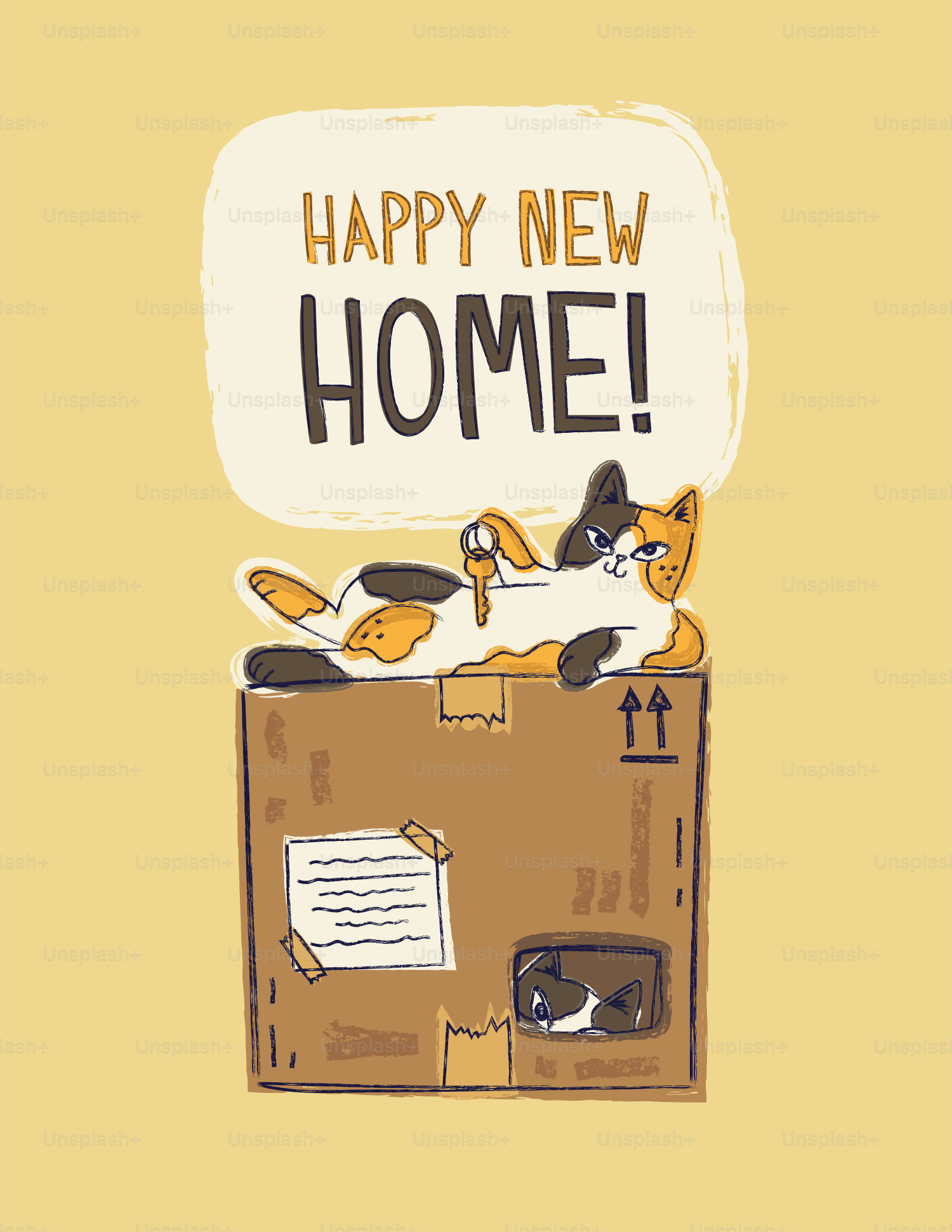 A calico cat holding a key on a cardboard box with another cat inside