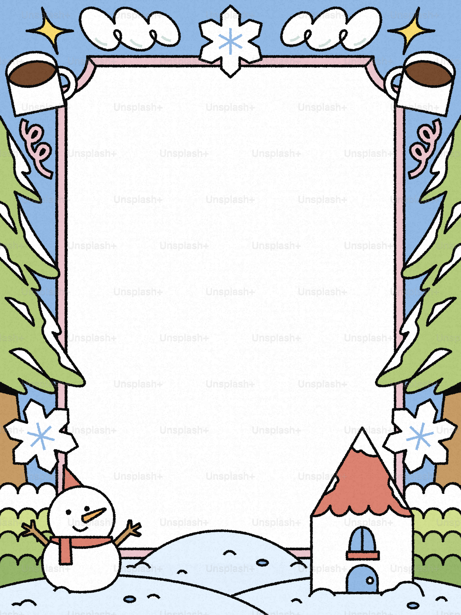 Ein Winterrahmen mit Schneemann, Haus, Bäumen und Kaffeetassen